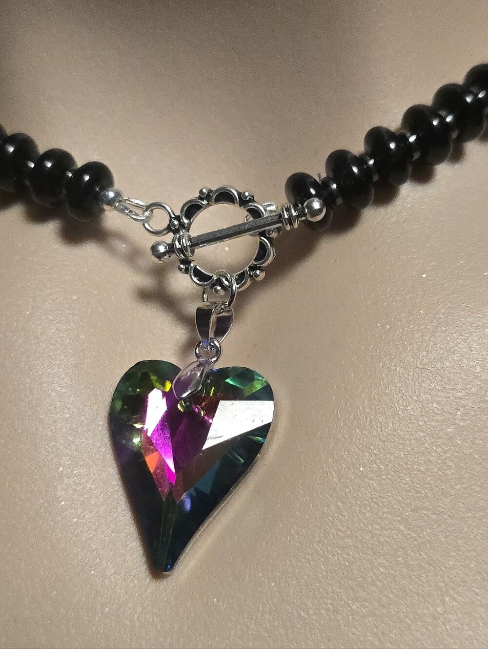 Black Rondelle Bead Heart Necklace – Iridescent Crystal Heart Pendant - Picture 3 of 3